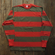 画像をギャラリービューアに読み込む, 【FREEWHEELERS/フリーホイーラーズ】“HORIZONTAL STRIPED” SET-IN LONG SLEEVE T-SHIRT CHILI RED × DARK OLIVE