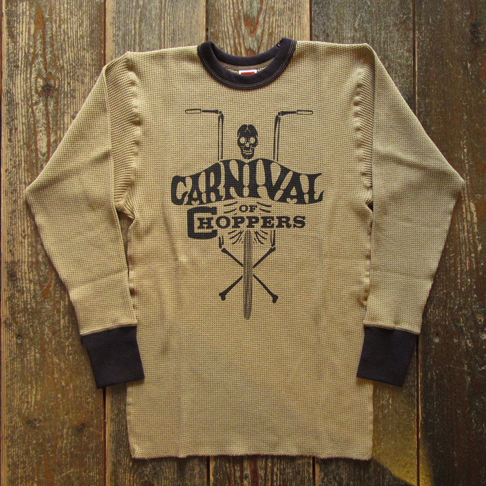 【FREEWHEELERS/フリーホイーラーズ】“CARNIVAL OF CHOPPERS” CREW NECKED THERMAL LONG SLEEVE SHIRT OIL STAIN × BLACK